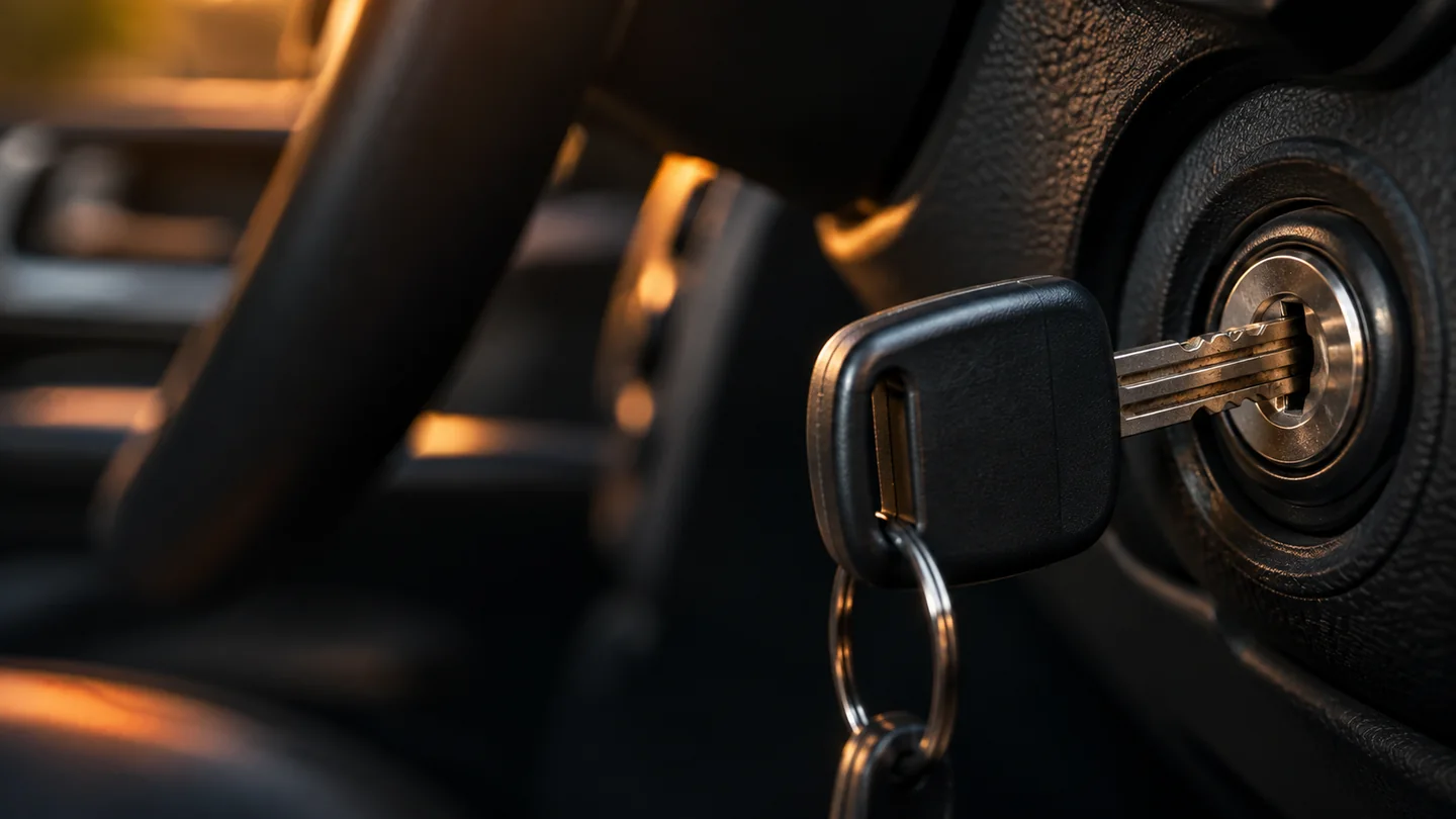 Chave automotiva corretamente inserida no cilindro de ignição de um carro