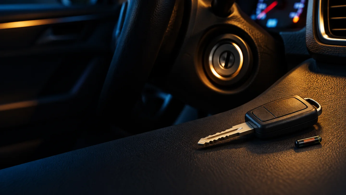 Chave automotiva e transponder sobre o console de um carro ao lado da ignição