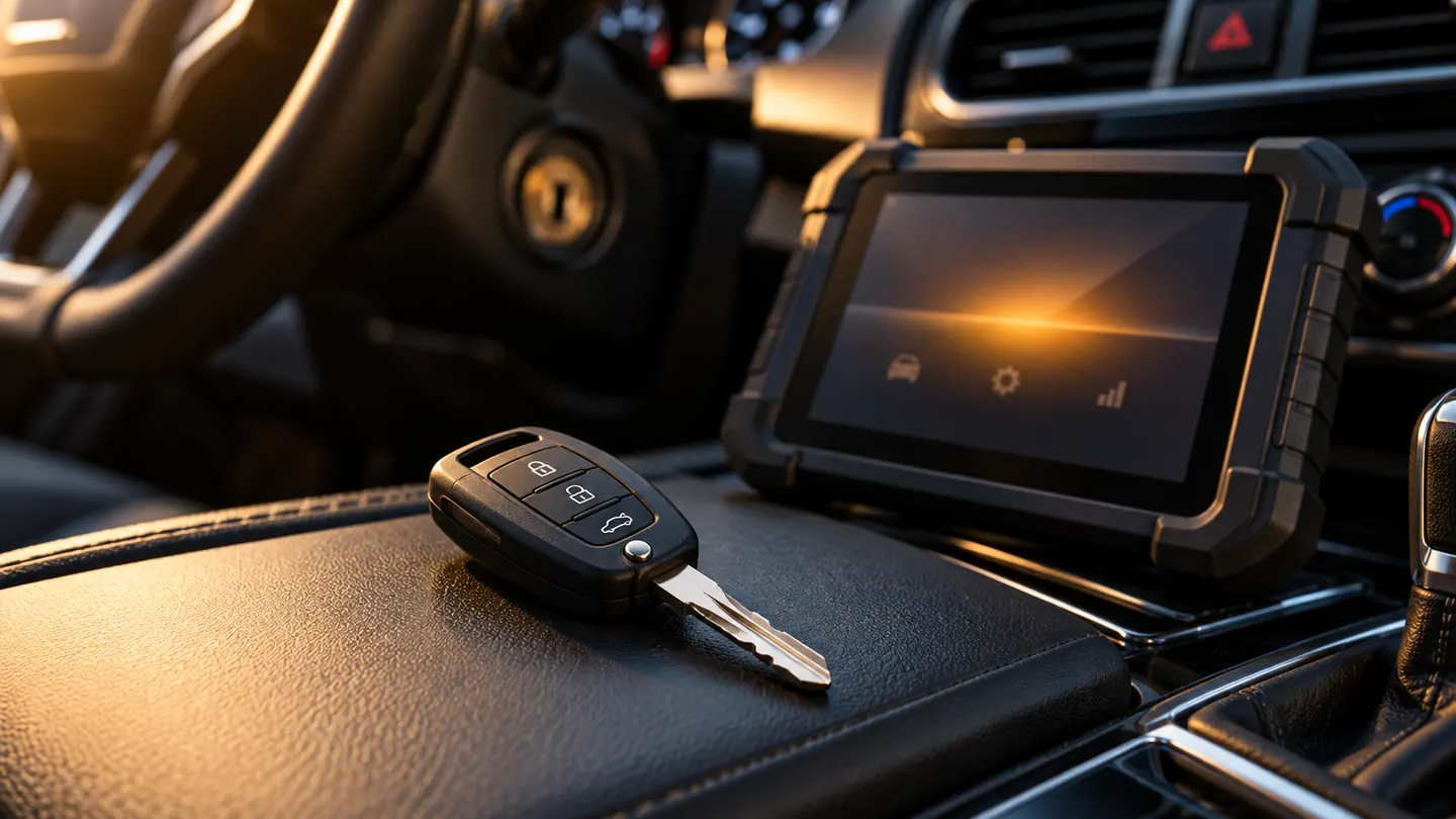 Imagem ilustrativa de chave automotiva e equipamento de diagnóstico dentro de um veículo