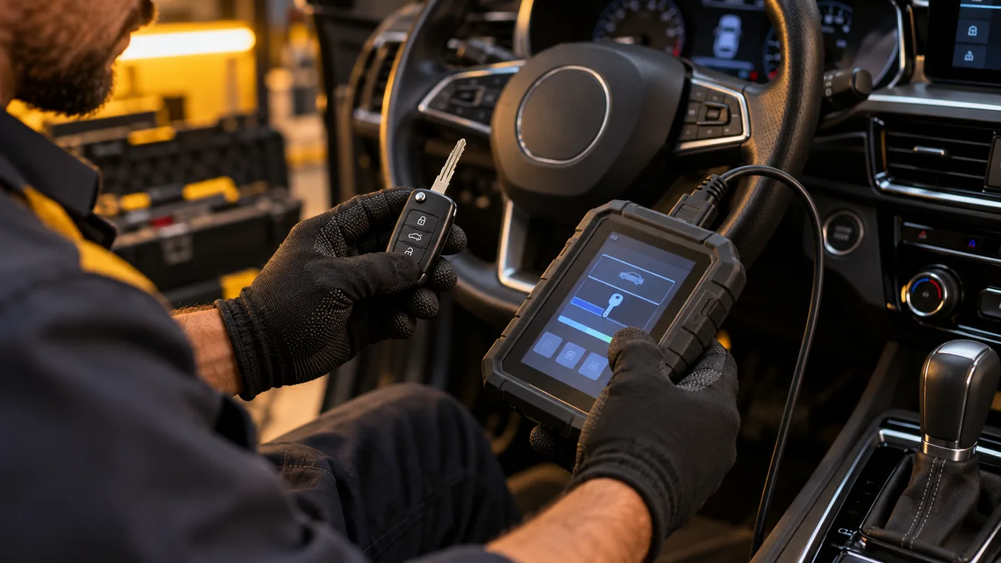 Técnico avalia chave automotiva e equipamento de programação dentro de um veículo