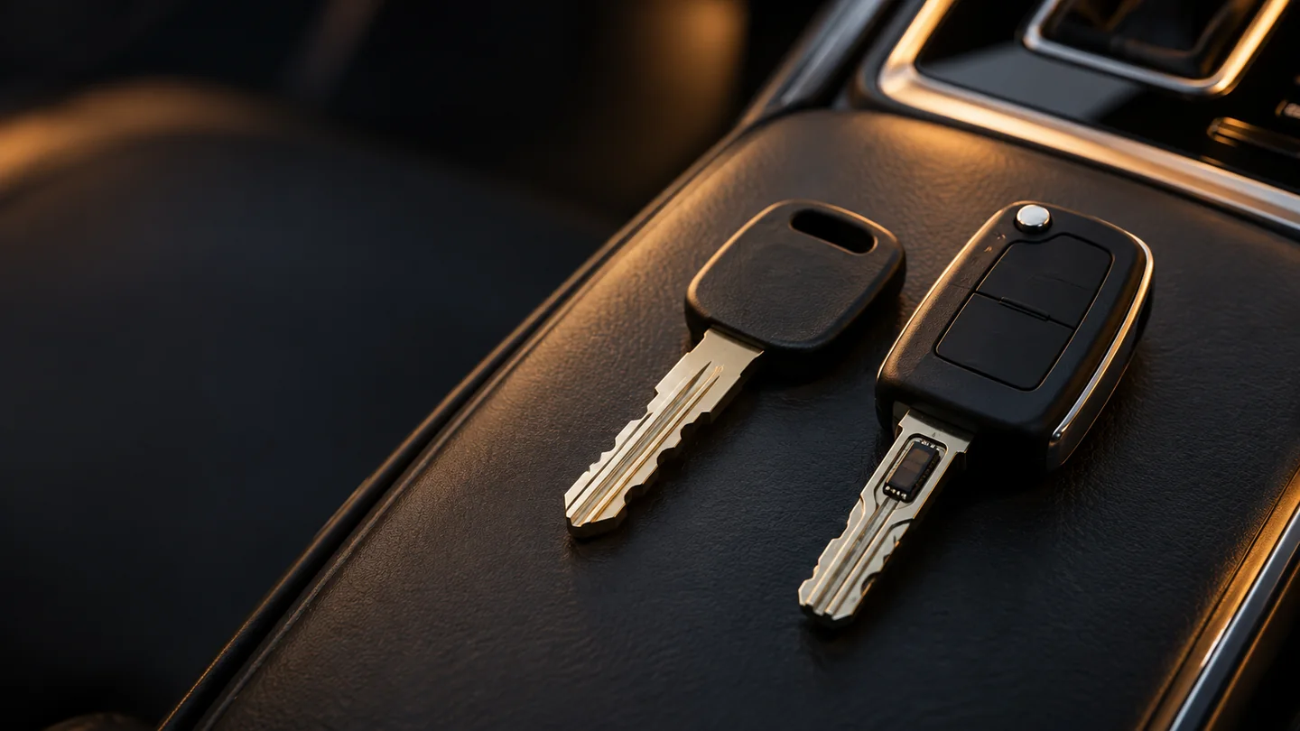 Chave mecânica e chave automotiva com transponder lado a lado no console de um carro