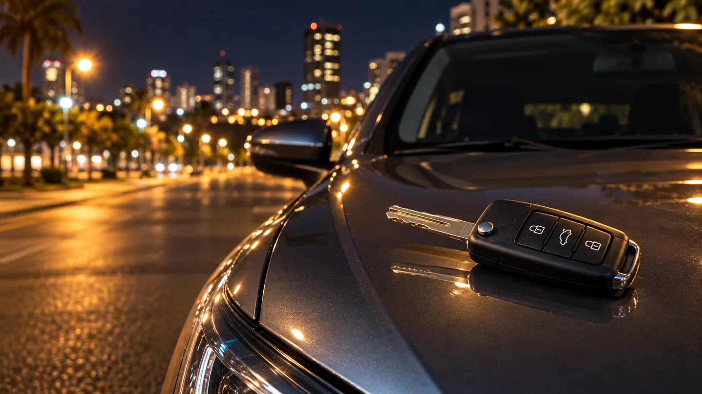 Chave de carro sobre veículo estacionado à noite em Uberlândia