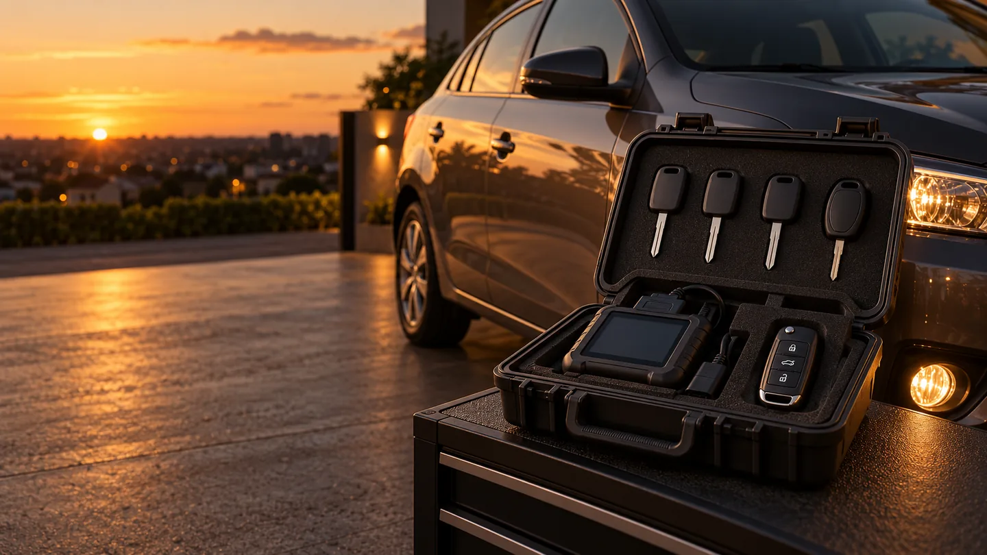 Equipamentos profissionais e chaves automotivas organizados para avaliação ao lado de um veículo