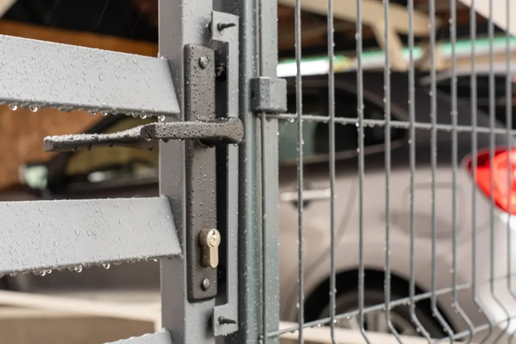 Detailed view of a wet metal gate with raindrops and a parked car in the background.